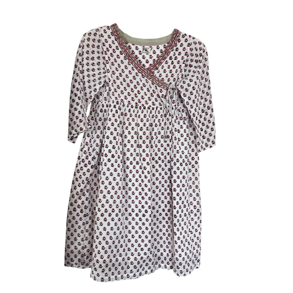 Paisley Magic Girls Ecru Cotton Floral 3/4 Sleeve Wrap Dress size 14